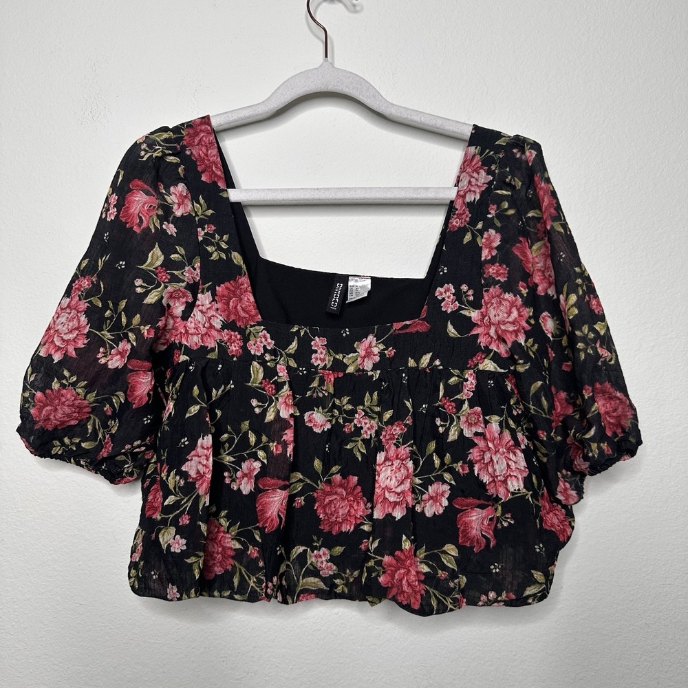 Womens Bubble Hem Floral Crop Top Size XS Boho Whimsigoth Dark Romantic